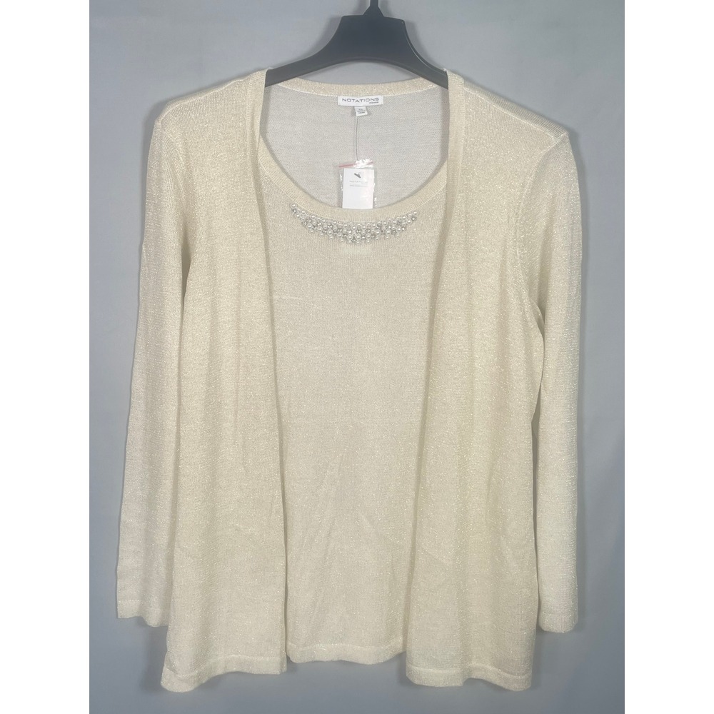 Notations Woman Gold‎ Shimmer Pearl Beaded Twin Set Cardigan Shell WSOF0514 New